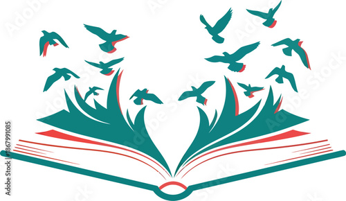 Logo of an open book with pages turning into flying birds flat two-color minimalist white background