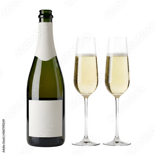 Wallpaper Mural Sparkling wine bottle with blank labels and two glasses, perfect for celebration, branding, and festive design. Isolated on white or transparent background. PNG format. Torontodigital.ca