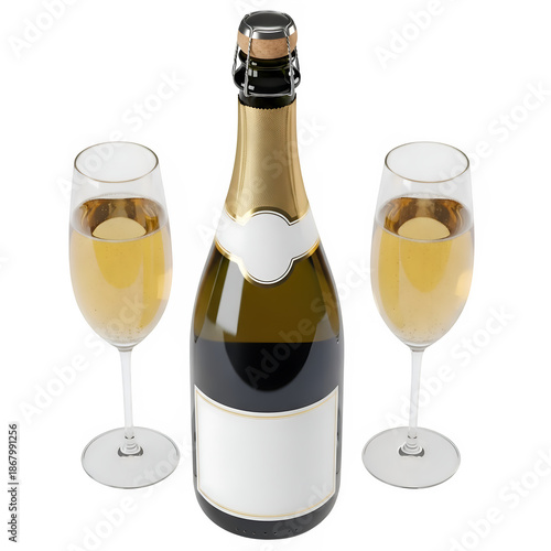 Wallpaper Mural Sparkling wine bottle with blank labels and two glasses, perfect for celebration, branding, and festive design. Isolated on white or transparent background. PNG format. Torontodigital.ca