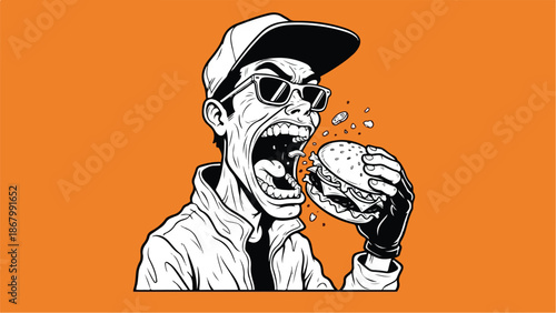 Man Devouring a Burger with Intense Focus and Enthusiasm.