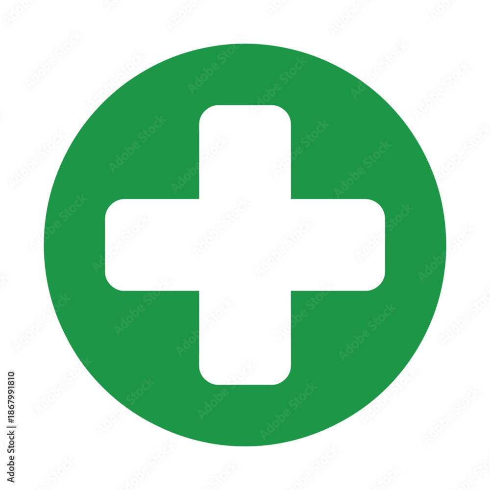 Fototapeta premium First aid icon vector featuring green cross medical symbol, safety first sign, hospital and healthcare illustration, suitable for mobile apps, ui design, websites and vector medical graphics.