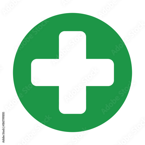 First aid icon vector featuring green cross medical symbol, safety first sign, hospital and healthcare illustration, suitable for mobile apps, ui design, websites and vector medical graphics.
