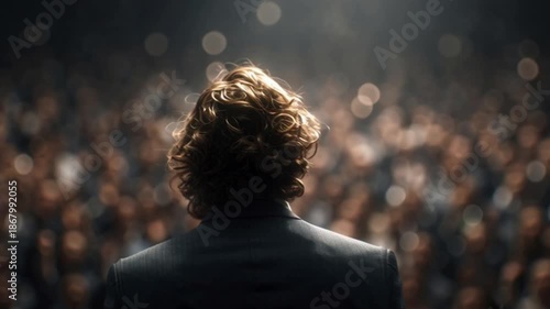A motivational speaker addressing a large crowd from the stage, back facing the camera, inspiring confidence, leadership, and unity through powerful words, energy, and vision on stage presence