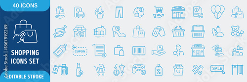 E-Commerce and Shopping Line Icon Set. Online Store, Retail, Cart, Payment, Delivery, Product and Digital Commerce Icons. Editable Outline Stroke. Clean Vector Illustration