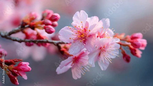 Close-up view of a cherry blossom flower in full bloom, captured with a soft bokeh background, highlighting delicate pink petals, gentle light, and the dreamy beauty of springtime nature scenery