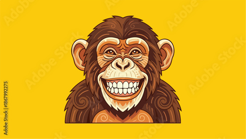 Smiling chimpanzee portrait against a vibrant yellow background happy primate.
