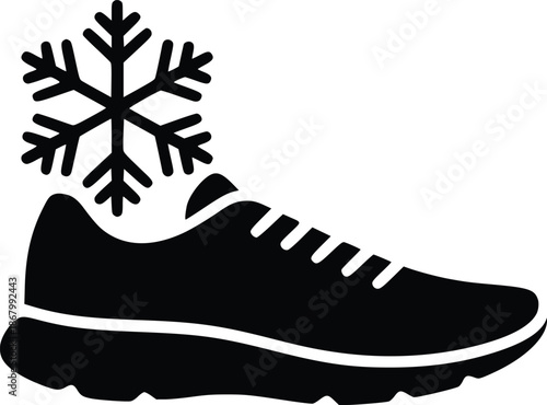 A black and white illustration of a sneaker with a snowflake above it