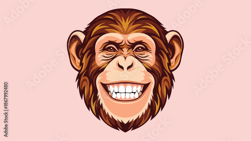 Smiling monkey face illustration on a pink background happy primate.