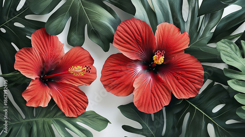 Wallpaper Mural Bold red hibiscus flower with tropical green leaves creates vibrant and exotic contrast, showcasing natural beauty and lush foliage in bright composition Torontodigital.ca