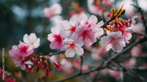 Close-up view of a cherry blossom flower in full bloom, captured with a soft bokeh background, highlighting delicate pink petals, gentle light, and the dreamy beauty of springtime nature scenery