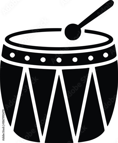 Simple black and white illustration of a traditional drum with a mallet