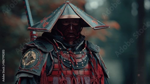 A dramatic video portrait of a samurai warrior in full armor, standing with strength and honor, captured in cinematic lighting that reflects ancient tradition, discipline, power and legendary Japanese