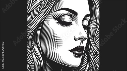 Intricate Black and White Illustration of a Womans Face.