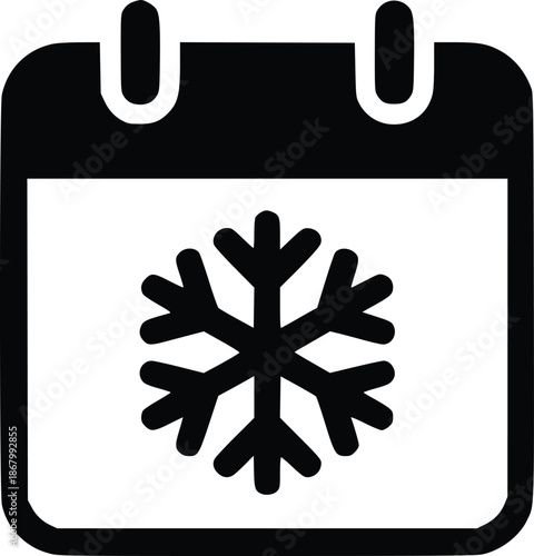 A simple black and white calendar icon with a snowflake symbol inside
