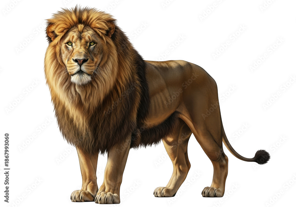 Obraz premium Majestic male lion standing isolated on transparent background