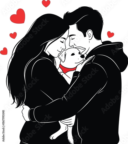 A loving couple embracing and kissing with their dog on a romantic evening