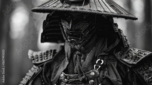 A dramatic video portrait of a samurai warrior in full armor, standing with strength and honor, captured in cinematic lighting that reflects ancient tradition, discipline, power and legendary Japanese