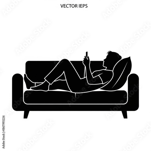 A person relaxing on a sofa while using a mobile device in a calm environment