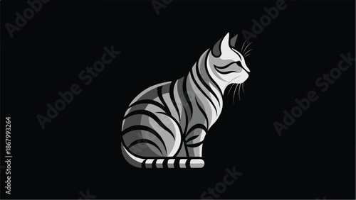 Elegant monochrome cat illustration on a solid black background.
