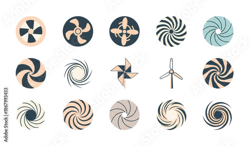 Round swirl and spiral vector icon set with fan propeller and vortex symbols isolated on white background