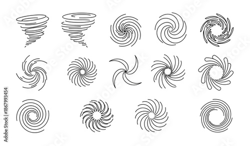 Spinning swirl and vortex symbols vector illustration set for wind flow and motion concepts isolated on white background