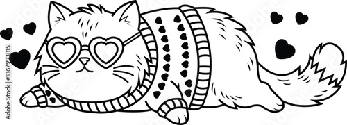 Cute cat wearing heart shaped sunglasses and heart pattern sweater lying down with hearts around  adorable feline illustration