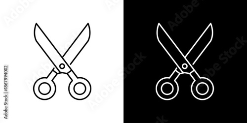 Simple Line Art Illustration of Scissors Icon Set on White and Black Backgrounds