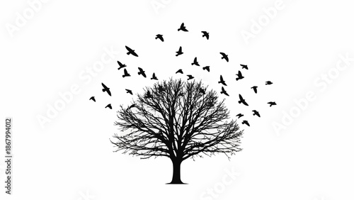 Flock of Birds Flying Away from Bare Tree Silhouette.