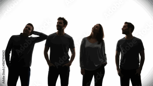 Four people silhouetted against a bright white background looking up.