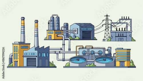 Industrial factory complex with pipes and chimneys illustration.