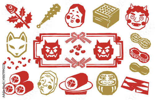節分の和風アイコン・イラスト素材セット（ベクター）。赤と金の版画風デザイン。鬼、お多福、恵方巻、豆まき