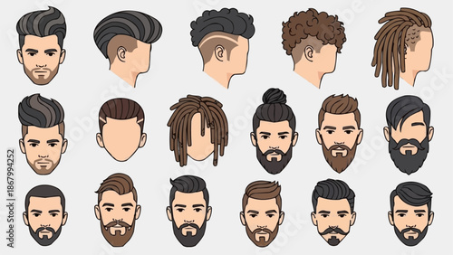 Collection of diverse male hairstyles and beards illustration.