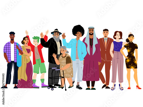 large diverse group of people standing together colorful illustration