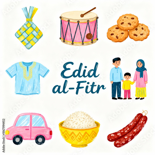 Watercolor Eid al-Fitr Clipart Set with Muslim Boys, Ketupat, Bedug, Prayer Rug, and Traditional Food Elements on White Background