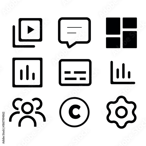 Video Content Creator Dashboard Icon Set, Social Media Management UI Elements, Vector Line Art.