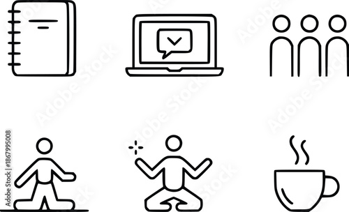 Line art icons representing education technology collaboration and daily life
