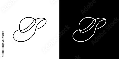 Elegant minimalist line art icon of a stylish wide-brimmed sun hat, embodying summer fashion, vacation leisure, and sophisticated women's accessories