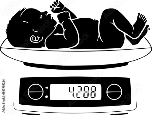 Newborn baby on a digital weighing scale silhouette vector illustration.