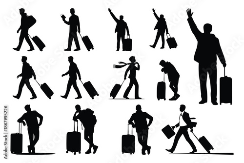 Silhouettes of people with luggage in various poses