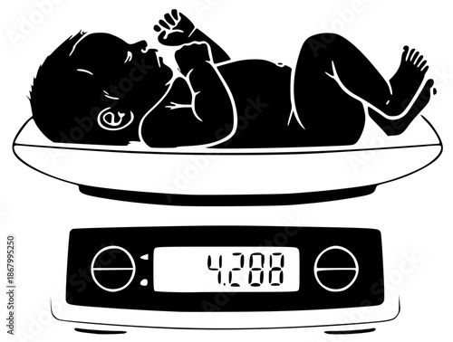 Newborn baby on a digital weighing scale silhouette vector illustration.