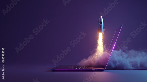 3D Rocket Launching from a Laptop for Startup Success Concept