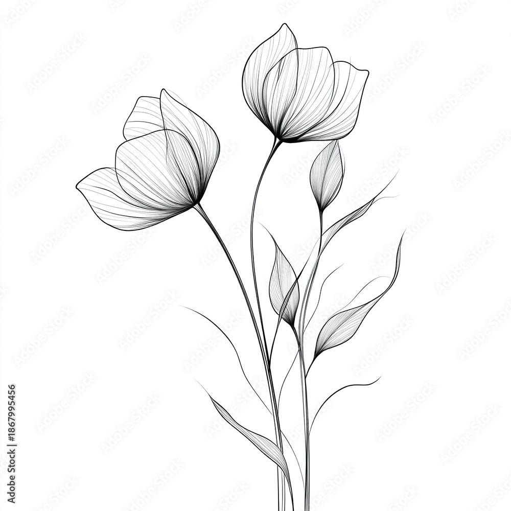 Obraz premium Minimalist floral sketch with elegant curved lines showing two delicate flowers and slender leaves, creating graceful and artistic botanical design in black and white