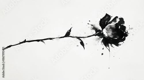 Wallpaper Mural Minimalist black and white ink sketch of rose with long stem and leaves, featuring artistic ink splatters and delicate, expressive style Torontodigital.ca