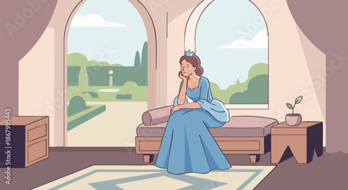 Princess in Thoughtful Moment
A flat vector illustration of a princess sitting alone, gazing out a window thoughtfully. Simple palace interior, soft expression. 