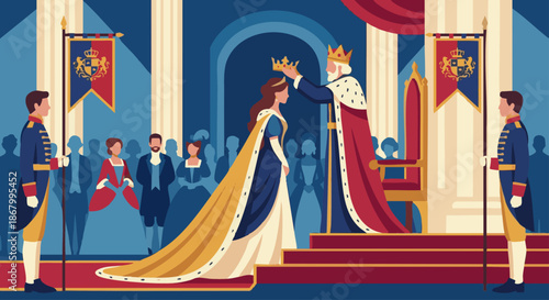 Princess at Coronation Ceremony
A flat vector illustration of a princess being crowned or standing during a royal ceremony. Attendants and banners visible. 
