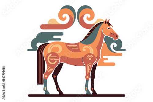 Stylized horse illustration with abstract patterns and vibrant colors.