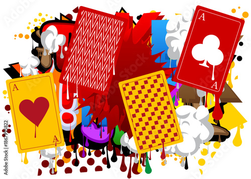 Poker Playing Card graffiti. Abstract modern street art decoration performed in urban painting style.