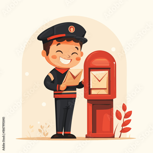 Smiling Mailman Delivering Mail with Red Mailbox. , vector style simple color