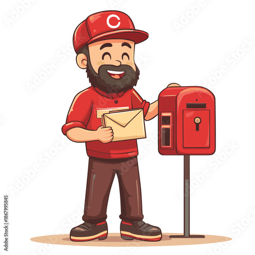 Smiling Mailman Delivering Mail with Red Mailbox. , vector style simple color