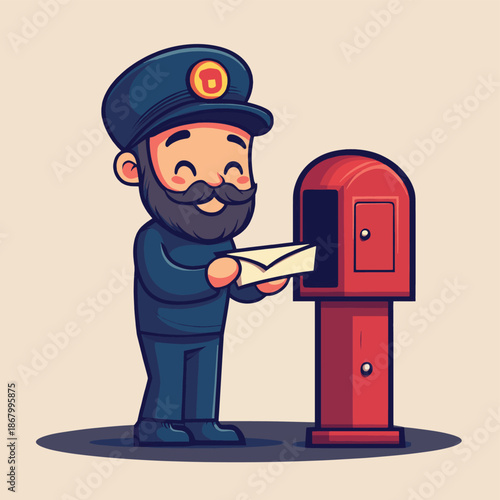 Smiling Mailman Delivering Mail with Red Mailbox. , vector style simple color